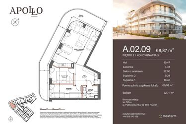 Rzut - Mieszkanie na sprzedaż 3 pokoje o powierzchni 66,98 m² - numer A.2.09 w Apollo Residence