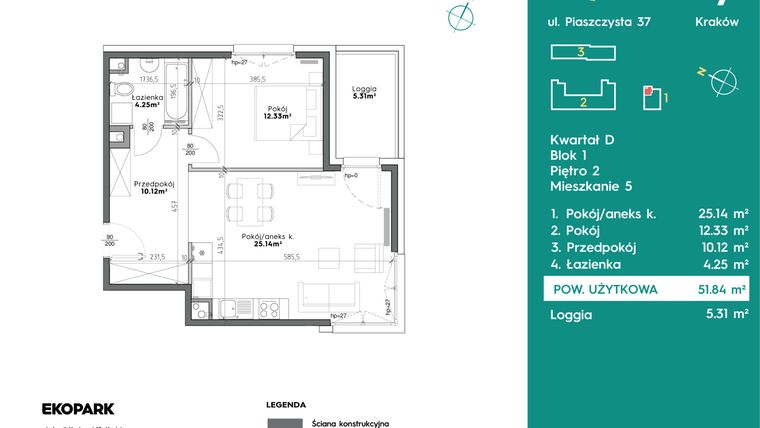 Rzut - Mieszkanie na sprzedaż 2 pokoje o powierzchni 51,84 m² - numer D1-5 w Slow City etap D