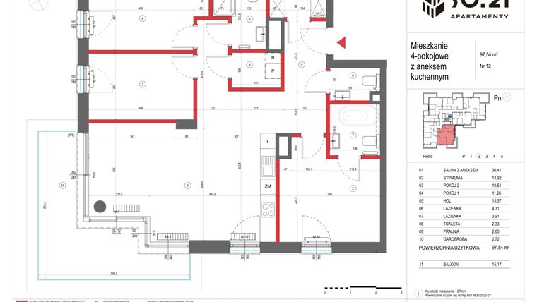 Rzut - Mieszkanie na sprzedaż 4 pokoje o powierzchni 97,54 m² - numer 12 w SO.21