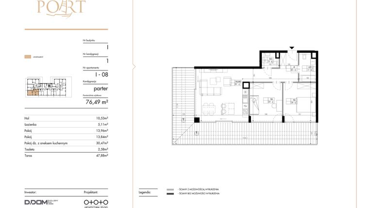 Rzut - Mieszkanie na sprzedaż 3 pokoje o powierzchni 76,49 m² - numer I_8 w Warmiński Port etap V
