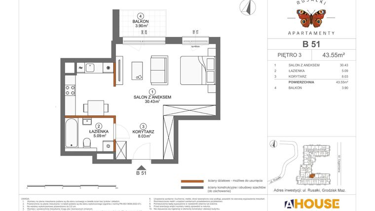 Rzut - Mieszkanie na sprzedaż 1 pokój o powierzchni 43,55 m² - numer B51 w Apartamenty Rusałki