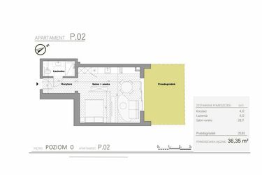 Rzut - Mieszkanie na sprzedaż 1 pokój o powierzchni 36,35 m² - numer 0.2 w Villa Książąt Pomorskich