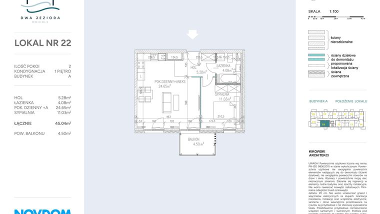 Rzut - Mieszkanie na sprzedaż 2 pokoje o powierzchni 45,04 m² - numer A.22 w Dwa Jeziora