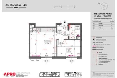 Rzut - Mieszkanie na sprzedaż 2 pokoje o powierzchni 33 m² - numer 2 w Antczaka 46