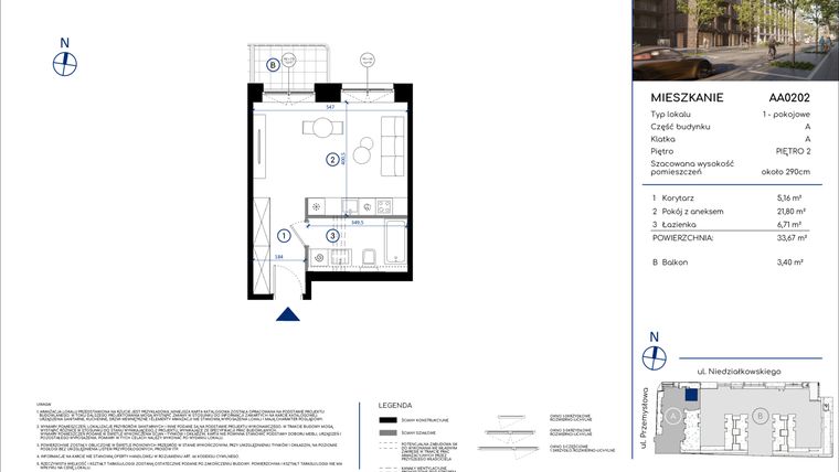 Rzut - Mieszkanie na sprzedaż 1 pokój o powierzchni 33,67 m² - numer AA0202 w Niedziałkowskiego Park