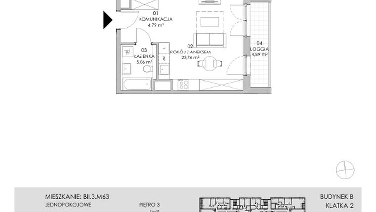 Rzut - Mieszkanie na sprzedaż 1 pokój o powierzchni 33,61 m² - numer BII.3.M63 w Przewóz 42 ATAL II
