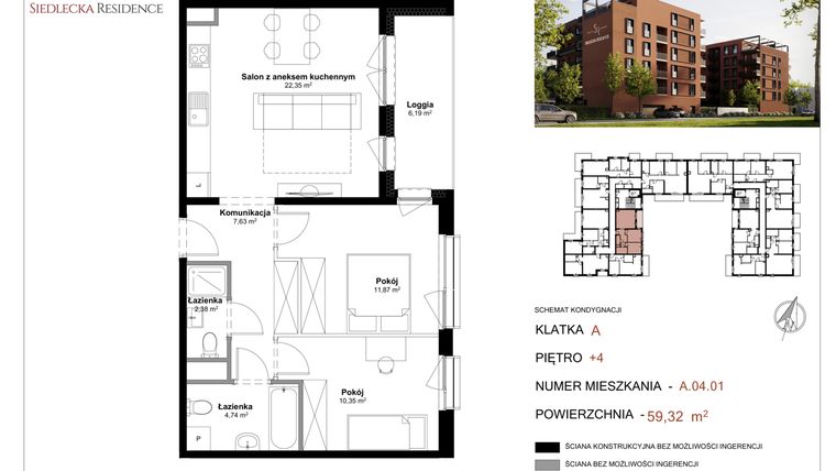 Rzut - Mieszkanie na sprzedaż 3 pokoje o powierzchni 59,32 m² - numer A-04-01 w Siedlecka Residence