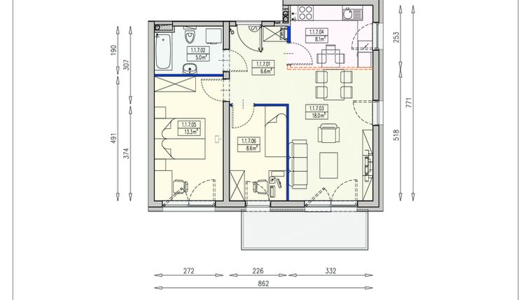Rzut - Mieszkanie na sprzedaż 3 pokoje o powierzchni 59,6 m² - numer Z22 1/1/7/3k w Słoneczne Stabłowice