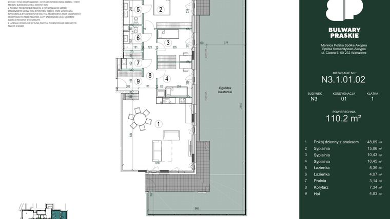 Rzut - Mieszkanie na sprzedaż 4 pokoje o powierzchni 109,71 m² - numer N3.1.01.02 w Bulwary Praskie etap NOP