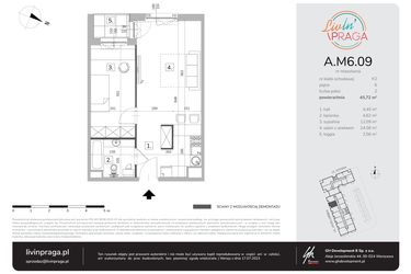 Rzut - Mieszkanie na sprzedaż 2 pokoje o powierzchni 45,72 m² - numer A.M6.09 w Livin' Praga