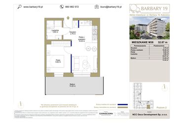 Rzut - Mieszkanie na sprzedaż 2 pokoje o powierzchni 32,87 m² - numer M38 w Barbary 19