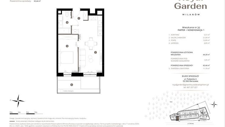 Rzut - Mieszkanie na sprzedaż 2 pokoje o powierzchni 44,39 m² - numer M.20 w Royal Garden Wilanów