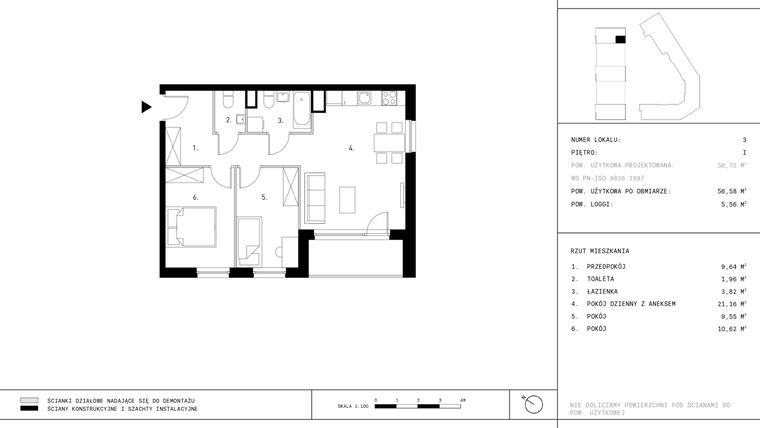 Rzut - Mieszkanie na sprzedaż 3 pokoje o powierzchni 56,58 m² - numer A3.P1 w Nocznickiego 29 bud. A