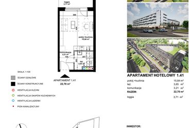 Rzut - Mieszkanie na sprzedaż 1 pokój o powierzchni 22,65 m² - numer 1.41 w Apartamentowiec Zwycięska 3 - inwestycyjne
