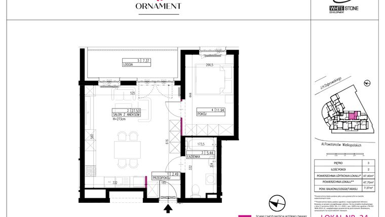 Rzut - Mieszkanie na sprzedaż 2 pokoje o powierzchni 47,4 m² - numer 24 w Ornament