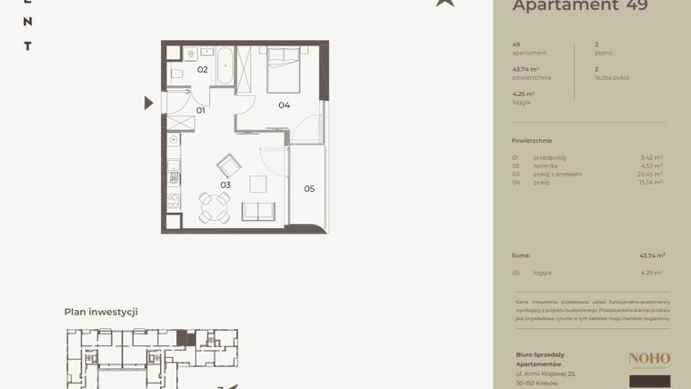 Rzut - Mieszkanie na sprzedaż 2 pokoje o powierzchni 43,74 m² - numer 49 w Monument