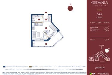 Rzut - Mieszkanie na sprzedaż 1 pokój o powierzchni 26,8 m² - numer I.B.4.5 w GEDANIA Riverside Living - apartamenty inwestycyjne
