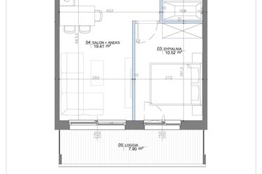 Rzut - Mieszkanie na sprzedaż 2 pokoje o powierzchni 36,88 m² - numer 2.06 w Apartamenty Potulickiego