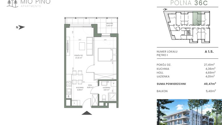 Rzut - Mieszkanie na sprzedaż 2 pokoje o powierzchni 40,47 m² - numer 1.5 w Mio Pino