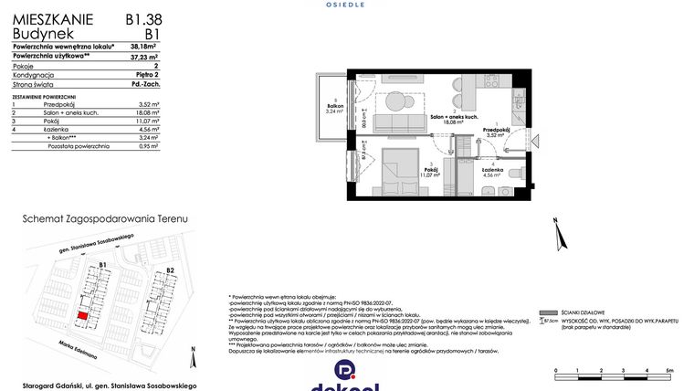 Rzut - Mieszkanie na sprzedaż 2 pokoje o powierzchni 37,23 m² - numer B1.38 w Osiedle Chabrowe