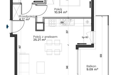 Rzut - Mieszkanie na sprzedaż 2 pokoje o powierzchni 44,45 m² - numer A-13 w Destino