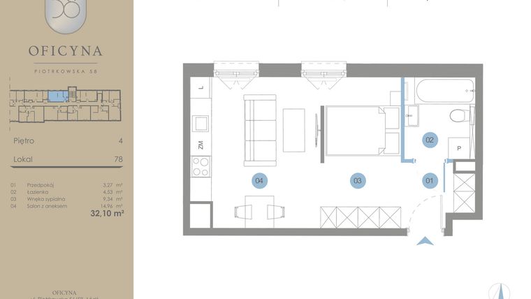 Rzut - Mieszkanie na sprzedaż 1 pokój o powierzchni 32,1 m² - numer 78 w Oficyna - mieszkania