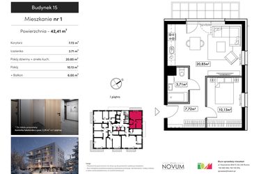 Rzut - Mieszkanie na sprzedaż 3 pokoje o powierzchni 42,41 m² - numer M1 w Novum Rumia - bud. 15