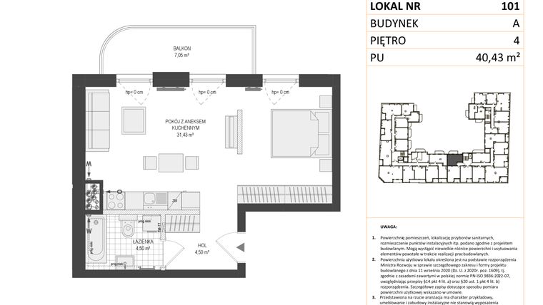 Rzut - Mieszkanie na sprzedaż 1 pokój o powierzchni 40,43 m² - numer A.101 w Esencja