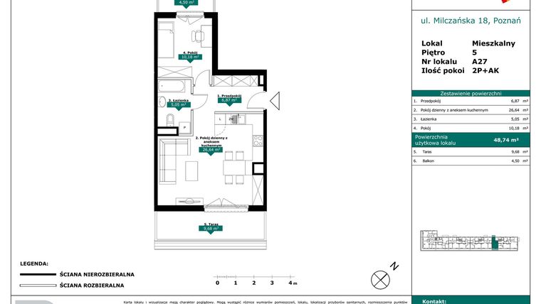 Rzut - Mieszkanie na sprzedaż 2 pokoje o powierzchni 48,74 m² - numer A27 w Milczańska 18