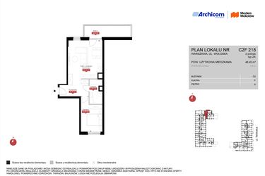 Rzut - Mieszkanie na sprzedaż 2 pokoje o powierzchni 48,45 m² - numer C2F 218 w Modern Mokotów etap 3, budynek C1 i C2