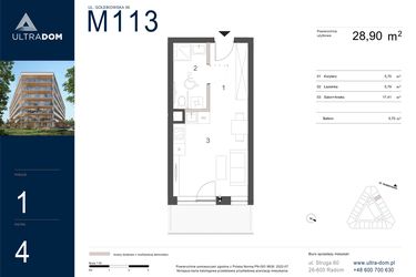 Rzut - Mieszkanie na sprzedaż 1 pokój o powierzchni 28,9 m² - numer M113 w Ultradom