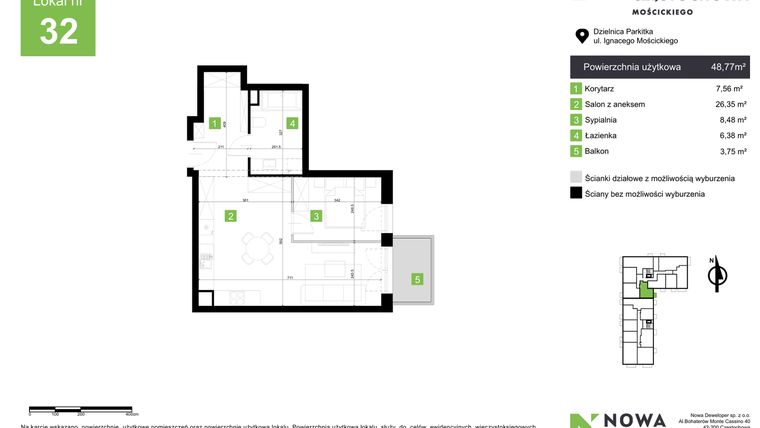 Rzut - Mieszkanie na sprzedaż 2 pokoje o powierzchni 48,77 m² - numer M32 w Nowa Częstochowa Mościckiego