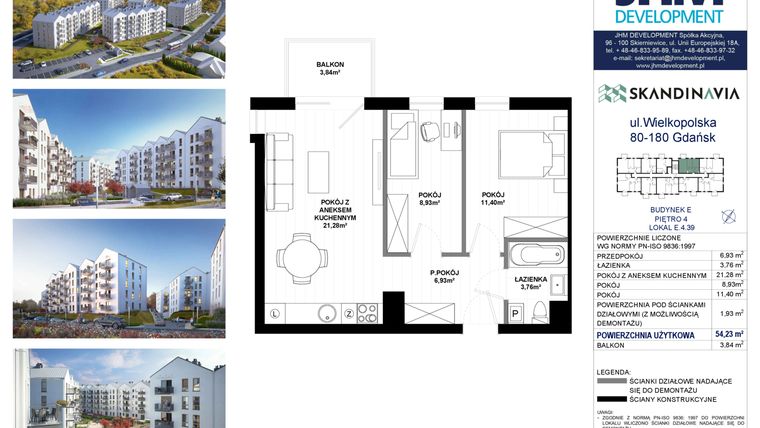 Rzut - Mieszkanie na sprzedaż 3 pokoje o powierzchni 54,23 m² - numer E.4.39 w Skandinavia