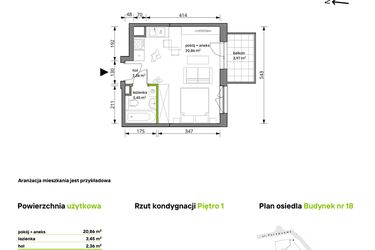 Rzut - Mieszkanie na sprzedaż 1 pokój o powierzchni 26,67 m² - numer 18/099 w Trzcinowa Vita
