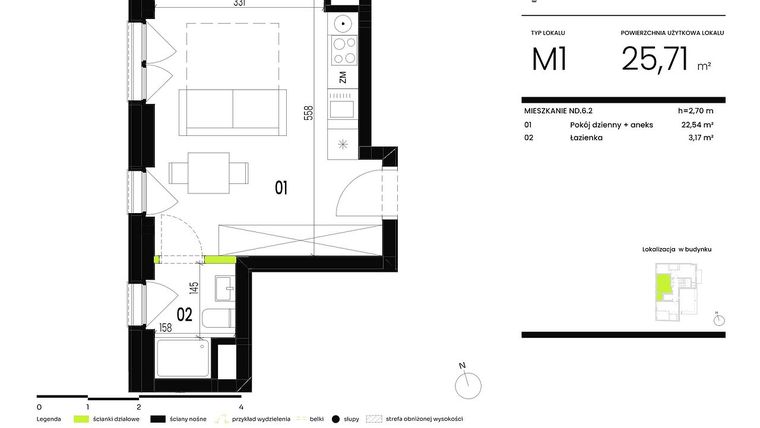 Rzut - Mieszkanie na sprzedaż 1 pokój o powierzchni 25,71 m² - numer ND.6.2 w Ogrody Staromiejskie