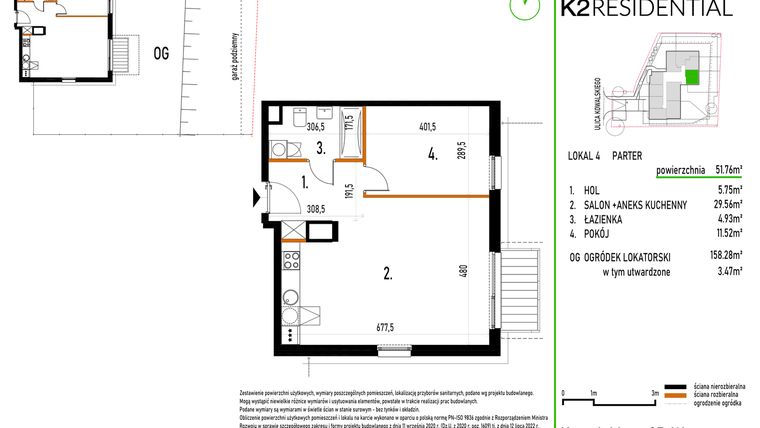 Rzut - Mieszkanie na sprzedaż 2 pokoje o powierzchni 51,76 m² - numer 4 w Kowalskiego 37