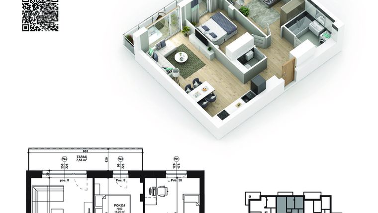 Rzut - Mieszkanie na sprzedaż 3 pokoje o powierzchni 61,91 m² - numer 8 w Piano Park etap V