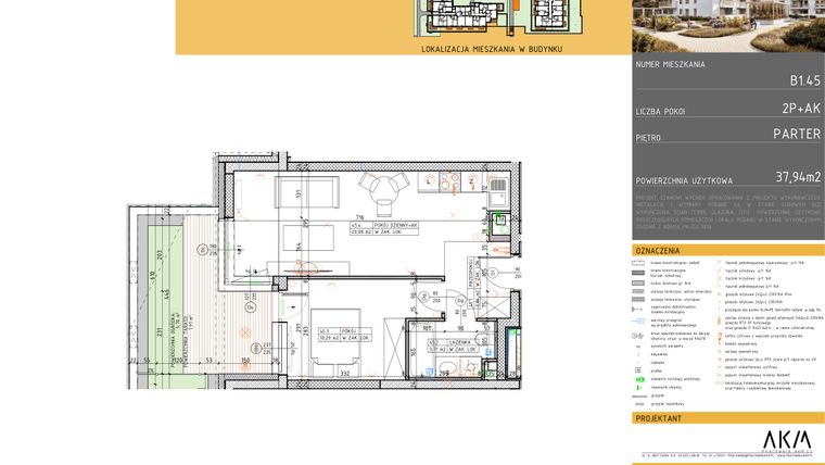 Rzut - Mieszkanie na sprzedaż 2 pokoje o powierzchni 37,94 m² - numer B1.45 w Nova Daliova