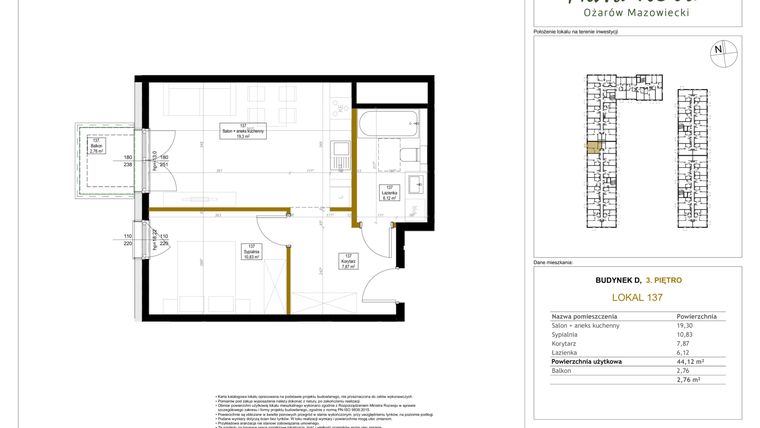 Rzut - Mieszkanie na sprzedaż 2 pokoje o powierzchni 44,12 m² - numer 137 w Aura Nova etap II