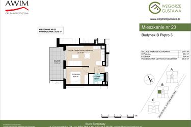Rzut - Mieszkanie na sprzedaż 2 pokoje o powierzchni 34,79 m² - numer B23 w Wzgórze Gustawa