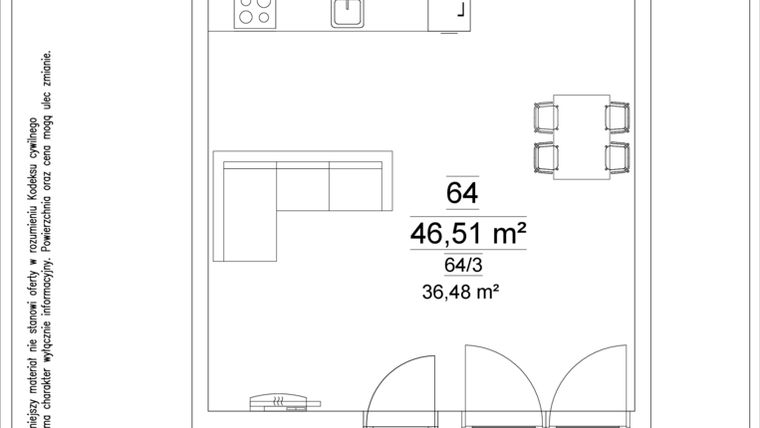 Rzut - Mieszkanie na sprzedaż 1 pokój o powierzchni 46,51 m² - numer 64 w Osiedle Teatralne 19