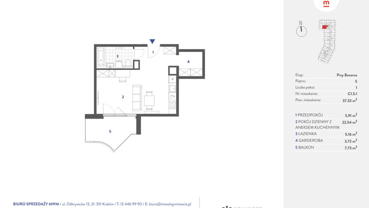 Rzut - Mieszkanie na sprzedaż 1 pokój o powierzchni 37,33 m² - numer C1.5.1 w Mieszkaj w mieście - przy Bonarce