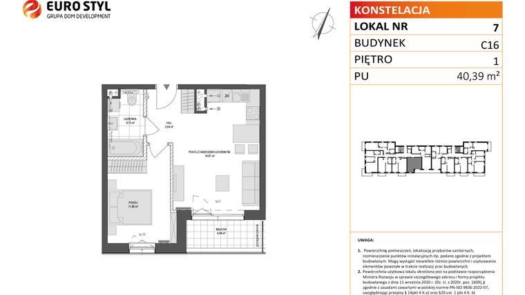 Rzut - Mieszkanie na sprzedaż 2 pokoje o powierzchni 40,39 m² - numer C16.7 w Konstelacja etap VI