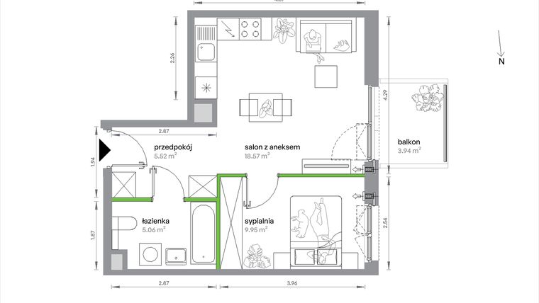 Rzut - Mieszkanie na sprzedaż 2 pokoje o powierzchni 39,1 m² - numer 1/A/2/9 w Sochaczewska Vita