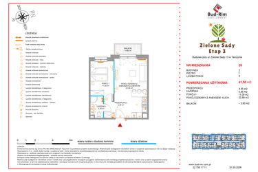 Rzut - Mieszkanie na sprzedaż 2 pokoje o powierzchni 41,5 m² - numer 20 w Zielone Sady etap III B2