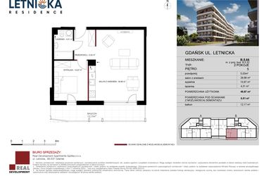 Rzut - Mieszkanie na sprzedaż 2 pokoje o powierzchni 49,87 m² - numer B.5.66 w Letnicka Residence