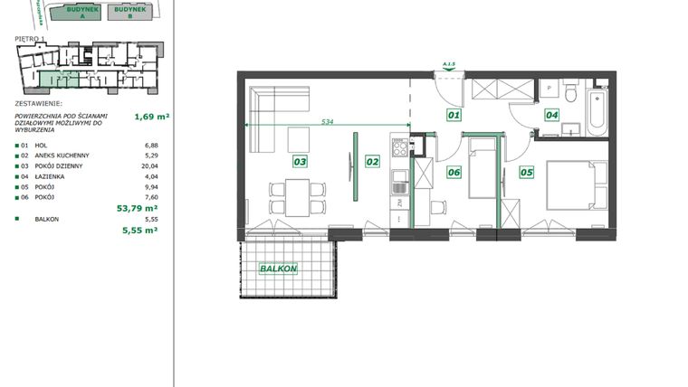 Rzut - Mieszkanie na sprzedaż 3 pokoje o powierzchni 55,29 m² - numer A.1.5 w Apartamenty Pszczyńska