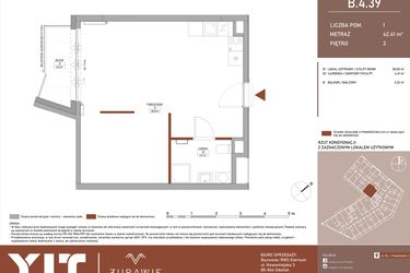 Rzut - Mieszkanie na sprzedaż 1 pokój o powierzchni 42,4 m² - numer B.4.39 w Żurawie - etap II