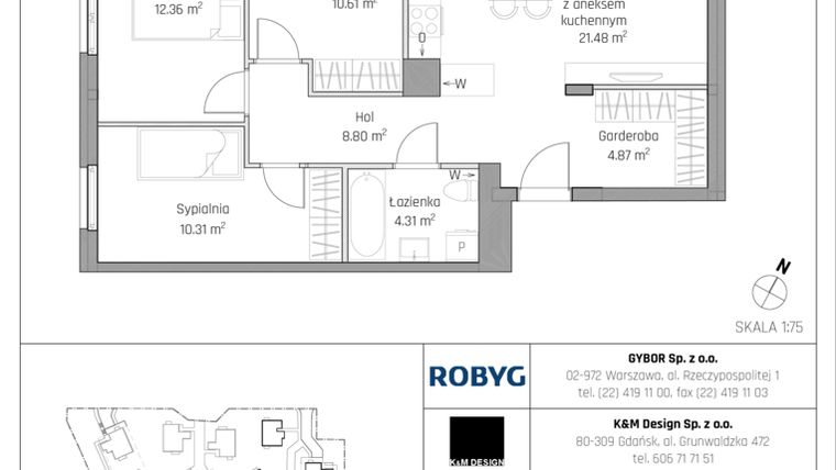 Rzut - Mieszkanie na sprzedaż 4 pokoje o powierzchni 72,74 m² - numer C3.1M02 w ROSA Residence etap II