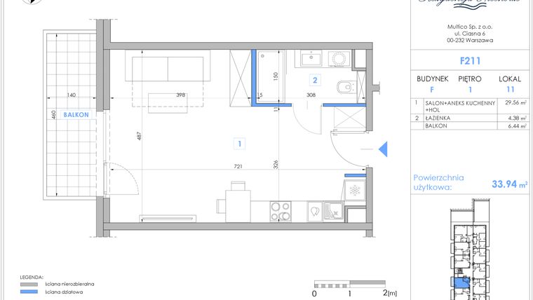 Rzut - Mieszkanie na sprzedaż 1 pokój o powierzchni 33,55 m² - numer F211 w Rezydencja Niechorze II